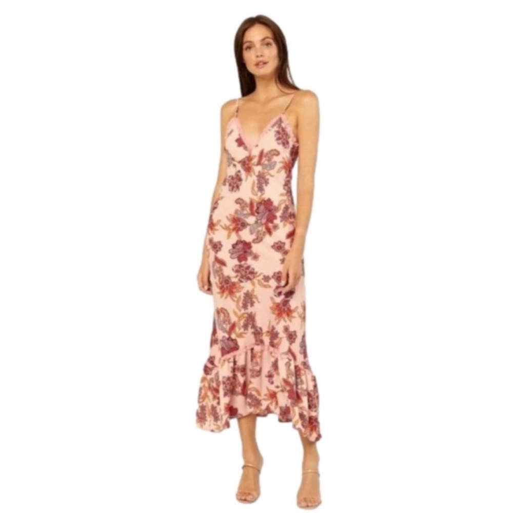 Misa Los Angeles Marrakech Pink Paisley Negin Ruffle Trim Midi Dress Size Medium